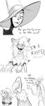  2021 anthro canid canine canis captain_aliaynel_seagrey clothing comic dialogue domestic_cat english_text felid feline felis female group hat headgear headwear hi_res humor lenyavok mammal monochrome oriana_thaffer pigtails reptile scalie snake text witch_hat wolf 