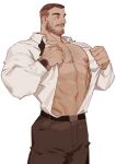  1boy abs absurdres bara bare_pecs beard belt brown_hair brown_pants character_request check_character check_copyright chest_hair collared_shirt copyright_request cowboy_shot facial_hair groin highres horikwawataru large_pectorals male_focus mature_male muscular muscular_male navel navel_hair nipples open_clothes open_shirt original pants shirt short_hair solo stomach undercut watch white_shirt wristwatch 