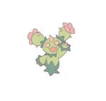  arm_up claws commentary_request flower full_body gen_5_pokemon looking_at_viewer maractus open_mouth pink_flower pokemon pokemon_(creature) shiroimoufu simple_background smile solo spikes standing white_background yellow_eyes 