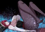  1girl ass bare_shoulders blush breasts elbow_gloves feet fishnets full_body genshin_impact gloves habit hair_over_one_eye half-closed_eyes highres kowatsu_no_break large_breasts legs looking_at_viewer lying nun on_back pointy_breasts purple_hair rosaria_(genshin_impact) sideboob solo thighs veil yellow_eyes 