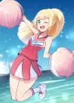  1girl ;d arm_up bangs bare_arms blonde_hair braid cheerleader cloud commentary_request cosplay dawn_(pokemon) dawn_(pokemon)_(cosplay) day eyelashes floating_hair green_eyes highres holding holding_pom_poms lillie_(pokemon) long_hair one_eye_closed open_mouth outdoors pokemon pokemon_(anime) pokemon_dppt_(anime) pokemon_sm_(anime) pom_poms shiny shiny_hair shirt shoes skirt sky smile socks solo sparkle teeth tongue water white_footwear white_legwear yasu_suupatenin 