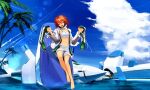  1girl alf874 astelion barefoot boots boots_removed cloud cross-laced_footwear day highres holding holding_shoes ibis_douglas knee_boots lace-up_boots mecha midriff ocean palm_tree red_hair science_fiction shoes shorts sky solo super_robot_wars tree 