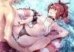  1boy 1girl ankle_grab bikini bikini_top_removed black_bikini blush breasts collarbone crop_top dog_tags eyebrows_visible_through_hair girls_frontline hair_ornament hair_ribbon innertube male_swimwear medium_breasts mishima_hiroji mp7_(girls_frontline) open_mouth ponytail red_hair ribbon see-through short_sleeves solo_focus spread_legs swim_trunks swimsuit swimwear water yellow_eyes 