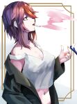  1girl alternate_costume bare_shoulders black_coat breasts casual cigarette cleavage coat covered_nipples crop_top ekusera genshin_impact hand_up highres large_breasts looking_up midriff multicolored_hair navel off_shoulder open_clothes open_coat profile purple_eyes purple_hair rosaria_(genshin_impact) shirt sleeveless sleeveless_shirt smoking solo strap_slip streaked_hair tank_top upper_body white_shirt 