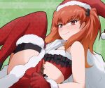  1girl bertha_bernstein bioroid_hei blush curled_up fang fang_out flat_chest from_side fur_trim gloves hat looking_at_viewer orange_hair red_eyes red_gloves red_headwear red_skirt santa_costume santa_hat skin_fang skirt smile solo super_robot_wars super_robot_wars_x-omega thighhighs twintails 