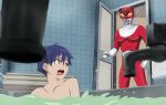  2boys asanaka_yomogi bath bathing bathroom bathtub blue_hair blurry blurry_foreground commentary_request crossover door faucet multiple_boys open_mouth opening_door parody partially_submerged redman redman_(character) short_hair ssss.dynazenon tk8d32 tokusatsu water yellow_eyes 