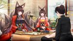  1boy 2girls :d amagi_(azur_lane) animal_ears azur_lane bangs black_gloves black_hair blunt_bangs blurry board_game choker commander_(azur_lane) commentary_request depth_of_field eyebrows_visible_through_hair eyeshadow fingerless_gloves fox_ears fox_girl fox_tail gloves hair_ornament hat hat_removed headwear_removed highres japanese_clothes kimono kyuubi long_hair looking_at_another makeup military military_uniform mother_and_daughter multiple_girls multiple_tails naval_uniform obi open_mouth original peaked_cap purple_eyes sash short_hair shouji sidelocks sliding_doors smile stardust_(chen&#039;ai_weiding) table tail thick_eyebrows uniform wide_sleeves xiangqi 