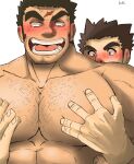  2boys anger_vein bara behind_another blush chest_hair completely_nude couple dark_skin dark_skinned_male facial_hair grabbing groping hairy highres houzouin_oniwaka interracial k_ei3k large_pectorals long_sideburns looking_at_another male_focus master_3_(tokyo_houkago_summoners) mature_male mouth_drool multiple_boys muscular muscular_male nipples nude open_mouth pectoral_focus pectoral_grab pectorals scar_on_forehead short_hair sideburns solo_focus stubble tearing_up thick_eyebrows tokyo_houkago_summoners upper_body yaoi 