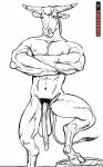  anthro balls big_balls black_and_white bovid bovine cattle crossed_arms furronika genitals hooves horn long_penis male mammal monochrome muscular muscular_anthro muscular_male nipples nude penis pubes solo 