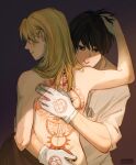  1boy 1girl absurdres artist_name back_tattoo black_eyes black_hair blonde_hair earrings fullmetal_alchemist gloves grey_shirt hair_over_shoulder hand_in_another&#039;s_hair highres hug jewelry long_hair looking_at_viewer necklace print_gloves profile riza_hawkeye roy_mustang shirt short_hair tattoo topless viktoria_ridzel white_gloves 