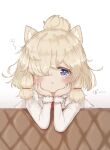  1girl alpaca_ears alpaca_girl alpaca_suri_(kemono_friends) animal_ears blue_eyes blush commentary_request eyebrows_visible_through_hair fur_collar fur_trim hair_bun hair_over_one_eye hair_tubes head_on_hand kemono_friends lbwtnnvekvk5fft long_sleeves short_hair solo sweater white_fur white_hair white_sweater 