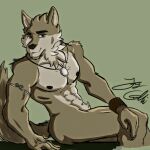  1:1 abs amulet anthro armband brown_body brown_fur canid canine canis claws far_beyond_the_world_(series) fur green_eyes leather_vambraces male mammal multicolored_body multicolored_fur muscular muscular_anthro muscular_male neck_tuft nipples nude pose pubic_fuzz ranok_(far_beyond_the_world) shoulder_tuft simple_background sitting solo tinywolf tuft two_tone_body two_tone_fur video_games visual_novel wolf 