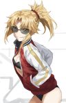  1girl bangs blonde_hair braid breasts fate/apocrypha fate_(series) french_braid green_eyes hair_ornament hair_scrunchie highres long_hair long_sleeves looking_at_viewer mordred_(fate) mordred_(fate)_(all) parted_bangs ponytail scrunchie sidelocks small_breasts smile thighs tonee 
