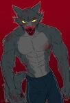  abs angry anthro baring_teeth beastars blood bodily_fluids bottomwear canid canine canis clothed clothing hi_res legoshi_(beastars) looking_at_viewer male mammal mungz_bt muscular muscular_anthro muscular_male pants red_background scar simple_background solo teeth topless topless_male wolf yellow_eyes 