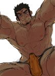  1boy abs arms_at_sides bara blush briefs erection erection_under_clothes hairy highres houzouin_oniwaka imminent_sex k_ei3k large_pectorals leg_hair long_sideburns looking_at_another male_focus male_underwear muscular muscular_male navel nipples scar_on_forehead short_hair sideburns sketch solo spread_legs stomach sweatdrop thick_eyebrows tokyo_houkago_summoners underwear underwear_only yellow_male_underwear 