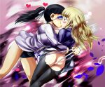  2girls ass black_hair black_legwear blonde_hair blue_swimsuit blush breasts eyepatch glasses heart hosoinogarou kiss medium_breasts military military_uniform multiple_girls panties pantyhose perrine_h_clostermann ponytail sakamoto_mio shiny shiny_hair strike_witches sweat swimsuit swimwear torn_clothes torn_legwear torn_panties underwear uniform white_panties world_witches_series yellow_eyes yuri 