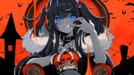  +_+ .live 1girl absurdres bangs barbed_wire bat_background black_collar black_nails blue_eyes chair coat collar crown crown_removed eyebrows_visible_through_hair finger_to_mouth fur-trimmed_coat fur_trim grin halloween highres holding holding_crown kakyouin_chieri king_(vocaloid) long_hair looking_at_viewer nail_polish orange_background orange_theme smile solo song_name teeth throne two_side_up user_jhhp7477 virtual_youtuber 