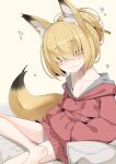  1girl animal_ears bare_legs barefoot blonde_hair bottomless collarbone crossed_legs eyebrows_visible_through_hair fox fox_ears fox_girl fox_tail hands_in_pockets highres hood hoodie long_bangs looking_at_viewer nabari_(ogami_kazuki) ogami_kazuki original red_hoodie short_hair solo tail yellow_eyes 