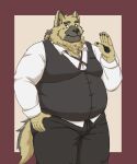  2021 anthro belly big_belly black_nose bottomwear brown_body brown_fur canid canine canis clothing domestic_dog fur hi_res humanoid_hands kemono male mammal maron2475 overweight overweight_anthro overweight_male pants shirt simple_background solo topwear 