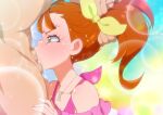 1boy 1girl blush censored clothed_female_nude_male collarbone deepthroat fellatio green_eyes hair_ribbon hand_on_another&#039;s_head hetero jcm2 jewelry mosaic_censoring natsuumi_manatsu necklace nude oral precure ribbon side_ponytail solo_focus tears tropical-rouge!_precure upper_body yellow_ribbon 