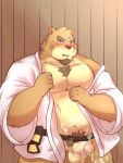  2021 anthro balls belly big_belly blush bodily_fluids brown_body brown_fur censored clothed clothing cum cum_on_leg cum_on_stomach fur genital_fluids genitals humanoid_genitalia humanoid_hands humanoid_penis kemono male mammal navel noichi_53 overweight overweight_anthro overweight_male penis scar solo ursid 