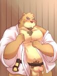  2021 anthro balls belly big_belly blush brown_body brown_fur censored clothed clothing fur genitals humanoid_genitalia humanoid_hands humanoid_penis kemono male mammal navel noichi_53 overweight overweight_anthro overweight_male penis scar solo ursid 