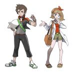  1boy 1girl absurdres asymmetrical_hair bag bow bracelet brendan_(pokemon) capelet grey_shorts hair_bow handbag highres holding holding_poke_ball hyo_oppa jacket jewelry labcoat may_(pokemon) no_hat no_headwear older poke_ball pokemon pokemon_(game) pokemon_oras red_shirt sandals shirt shoes shorts 