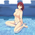  1girl areolae arm_support barefoot bow bow_panties breasts collarbone free! hair_between_eyes looking_at_viewer matsuoka_gou medium_breasts navel nipples panties partially_submerged pool red_eyes red_hair remon_keiki short_hair solo topless underwear 