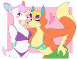  2021 absurd_res animal_crossing anthro audie_(animal_crossing) big_breasts bikini bikini_bottom bikini_top blonde_hair blue_body blue_eyes blue_fur blush blush_stickers border breasts canid canine canis cervid claws clothing collarbone colored_nails curvy_figure diana_(animal_crossing) dot_eyes duo eyewear eyewear_on_head female fur hair hand_on_hip hi_res looking_at_viewer mammal nails nintendo orange_body orange_fur pineapple_pattern pink_background pink_body pink_fur pink_hair pink_nails portrait quill_(artist) sarong simple_background smile sunglasses sunglasses_on_head swimwear tan_body tan_fur three-quarter_portrait video_games white_body white_fur wolf 