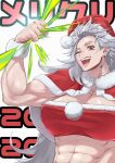  1girl blush breasts christmas dorohedoro earrings eyebrows_visible_through_hair fur_trim gloves hat highres jewelry large_breasts long_hair looking_at_viewer muscular muscular_female noi_(dorohedoro) open_mouth santa_claus santa_costume santa_hat simple_background smile solo uso_ashio 