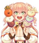  1girl blonde_hair breasts ckhd cleavage cleavage_cutout clothing_cutout dango double_bun fang food green_eyes highres hololive jacket long_hair momosuzu_nene orange_nails saliva sanshoku_dango sparkling_eyes wagashi white_background white_jacket 