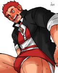  0_0 1boy bara black_jacket blush briefs bulge facial_hair feet_out_of_frame gunzo_(tokyo_houkago_summoners) jacket k_ei3k looking_down male_focus male_underwear mouth_drool muscular muscular_male open_clothes open_jacket pectorals red_male_underwear rugby_uniform scar scar_on_chest short_hair sideburns sleeves_rolled_up solo sportswear spread_legs stubble sweatdrop thick_thighs thighs tokyo_houkago_summoners underwear 