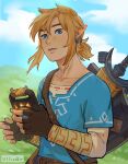  1boy artist_name bangs belt blue_eyes blue_shirt blush brown_belt brown_gloves day earrings fingerless_gloves gloves highres jewelry link male_focus outdoors parted_lips pointy_ears sheikah_slate shield shirt short_hair short_ponytail sword teeth the_legend_of_zelda the_legend_of_zelda:_breath_of_the_wild upper_body viktoria_ridzel weapon weapon_on_back 