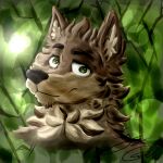  1:1 anthro brown_body brown_fur bust_portrait canid canine canis chest_tuft ear_tuft fangs far_beyond_the_world_(series) fur green_background green_eyes hi_res male mammal multicolored_body multicolored_fur neck_tuft portrait ranok_(far_beyond_the_world) simple_background smile solo tinywolf tuft two_tone_body two_tone_fur video_games visual_novel wolf 