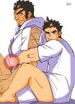  2boys arm_hair bara bottomless couple cross-laced_clothes dark_skin dark_skinned_male facial_hair from_side frown hairy highres hood hoodie houzouin_oniwaka hug hug_from_behind interracial k_ei3k leg_hair long_sideburns male_cleavage male_focus master_3_(tokyo_houkago_summoners) mature_male multiple_boys muscular muscular_male naked_shirt pectorals scar_on_forehead shirt short_hair sideburns sitting spiked_hair stubble sweatdrop thick_eyebrows thighs tokyo_houkago_summoners white_hoodie white_shirt yaoi 