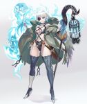  1girl ass_visible_through_thighs bandaged_hands bandages bangs blue_eyes boots cage coat dagger earrings eyepatch grin high_heels highres holding holding_staff jewelry looking_at_viewer navel navel_piercing ookuma_nekosuke piercing revealing_clothes sheath sheathed short_hair silver_hair smile solo staff thigh_boots thighhighs weapon 