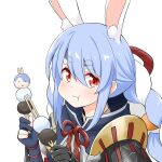  1girl animal_ear_fluff animal_ears armor bangs blue_hair blush braid breasts bunny_ears carrot_hair_ornament dango eating eyebrows_visible_through_hair felutiahime food food_themed_hair_ornament gloves hair_between_eyes hair_ornament headband highres hololive japanese_clothes kamura_(armor) long_hair looking_at_viewer monster_hunter_(series) monster_hunter_rise multicolored_hair rabbit_girl simple_background solo thighhighs twin_braids twintails two-tone_hair usada_pekora virtual_youtuber wagashi white_hair 