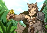  abs absurd_res amulet anthro armband blurred_background blush brown_body brown_fur canid canine canis cape cheek_tuft chest_tuft claws clothed clothing dandelion facial_tuft fangs far_beyond_the_world_(series) flower forest forest_background fur green_eyes hi_res holding_flower holding_object male mammal melee_weapon multicolored_body multicolored_fur muscular muscular_anthro muscular_male nackzek nature nature_background neck_tuft nipples plant pubic_trail ranok_(far_beyond_the_world) shoulder_guards smile solo sword tailwag toothy_smile tree tuft two_tone_body two_tone_fur video_games visual_novel weapon wolf 