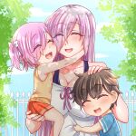  1boy 2girls breasts brown_hair child cleavage closed_eyes eyebrows_visible_through_hair eyes_visible_through_hair family fate/grand_order fate_(series) good_end hair_over_one_eye highres if_they_mated large_breasts mash_kyrielight mother_and_son multiple_girls purple_hair smile yakisobapan_tarou_&amp;_negitoro-ko 