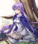  1girl absurdly_long_hair absurdres belly_chain blue_dress blush book breasts cloak commission commissioner_upload dress fire_emblem fire_emblem:_the_binding_blade grass highres huge_filesize jewelry kakiko210 long_hair looking_at_viewer medium_breasts open_book purple_cloak purple_eyes purple_hair seiza sitting skeb_commission solo sophia_(fire_emblem) tree very_long_hair 