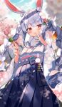  1girl :3 :t animal_ear_fluff animal_ears blue_hair braid breasts bunny_ears carrot_hair_ornament dango don-chan_(usada_pekora) eating eyebrows_visible_through_hair food food_themed_hair_ornament hair_ornament highres hololive japanese_clothes kimono long_hair looking_at_viewer multicolored_hair open_mouth rabbit_girl satoupote smile solo twin_braids twintails two-tone_hair usada_pekora virtual_youtuber wagashi white_hair 