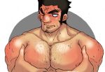  1boy arm_hair bara blush embarrassed facial_hair goatee grabbing hairy highres houzouin_oniwaka k_ei3k large_pectorals long_sideburns looking_away male_focus mature_male muscular muscular_male nipples one_eye_closed pectoral_focus pectoral_grab pectorals scar_on_forehead self_fondle short_hair sideburns sidepec solo stomach stubble sweatdrop thick_eyebrows tokyo_houkago_summoners upper_body 