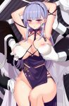  1girl absurdres areola_slip areolae armpits arms_up ateoyh azur_lane blush breast_grab breasts breath chinese_commentary closed_mouth commentary covered_nipples cowboy_shot diagonal_stripes dido_(anxious_bisque_doll)_(azur_lane) dido_(azur_lane) disembodied_limb dress gloves grabbing grabbing_from_behind hairband heavy_breathing highres large_breasts lips long_hair looking_at_viewer no_panties official_alternate_costume purple_dress purple_eyes purple_ribbon ribbon shiny shiny_hair silver_hair simple_background solo steaming_body straight_hair striped striped_background sweat tareme thighs white_gloves 
