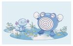  arms_up black_eyes border closed_eyes closed_mouth commentary_request gen_1_pokemon gen_2_pokemon happy lily_pad looking_at_another no_humans pokemon pokemon_(creature) poliwhirl shiroimoufu smile standing wading water white_border wooper 