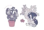  1boy ahoge allister_(pokemon) black_hair closed_eyes collared_shirt commentary_request cursola flower flower_pot gen_4_pokemon gen_8_pokemon gloves gym_leader holding long_sleeves male_focus mask open_mouth plant pokemon pokemon_(game) pokemon_swsh potted_plant rotom rotom_phone shiroimoufu shirt shoes shorts simple_background smile squatting suspender_shorts suspenders translation_request white_background white_flower white_footwear 