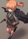  1girl black_gloves black_legwear blonde_hair breasts coat coat_on_shoulders fu-ta girls_frontline gloves green_eyes gun handgun highres holding holding_gun holding_weapon kneehighs necktie open_mouth short_twintails skirt solo twintails vest weapon welrod_mk2 welrod_mk2_(girls_frontline) 