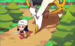  1girl arceus beanie black_hair chibi commentary dawn_(pokemon) gen_4_pokemon hat head_out_of_frame highres m4tcham0chi musical_note mythical_pokemon pink_skirt pokemon pokemon_(creature) pokemon_(game) pokemon_bdsp road scarf skirt smile spoken_musical_note tree walking 