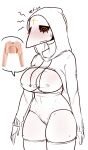  2019 absurd_res anthro big_breasts blush bodily_fluids breasts camel_toe clothed clothing female genitals hi_res humanoid margaret_(vetisx) mask meme monochrome nipples nude plague_doctor pussy simple_background solo vetisx wide_hips yellow_eyes 