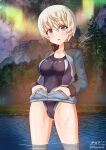  1girl aquaegg ass_visible_through_thighs aurora blonde_hair blue_eyes blue_swimsuit blush breasts cameltoe character_request collarbone eyebrows_visible_through_hair girls_und_panzer hands_in_pockets highres jacket keizoku_military_uniform large_breasts looking_at_viewer open_clothes open_jacket open_mouth outdoors shiny shiny_clothes shiny_hair shiny_skin short_hair sky solo standing star_(sky) swimsuit swimwear track_jacket uniform 