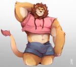  2021 anthro armpit_hair big_bulge blush body_hair bottomwear bulge clothed clothing crop_top erection erection_under_clothing felid flustered grey_background hair hand_behind_head hi_res hood lion looking_away makowolf1 male mammal mane muscular muscular_anthro muscular_male navel pantherine shirt shorts simple_background solo standing topwear 